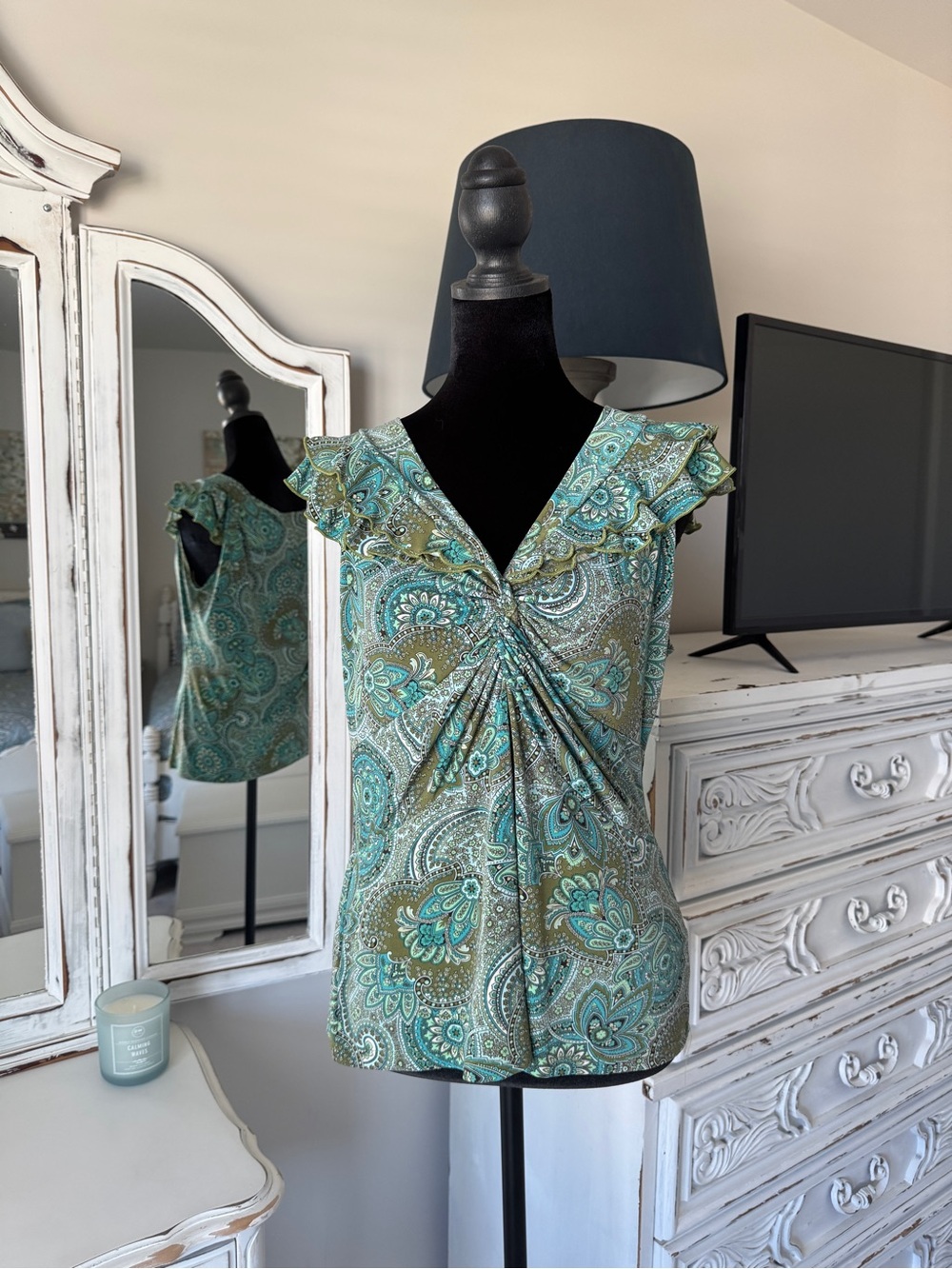 Y2K Susan Lawrence Teal and Olive Paisley Twist-Front Ruffle Top
